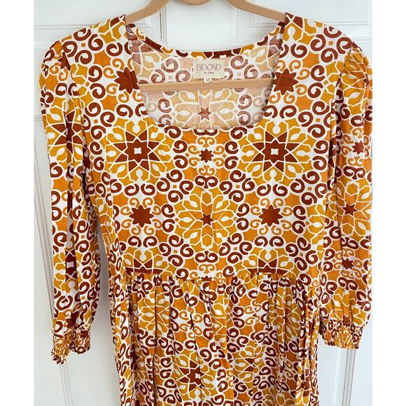 Beyond by Vera Rust Pietra Dura Block Print Midi Cotton Fall Tie Waist Dress - Picture 8 of 12